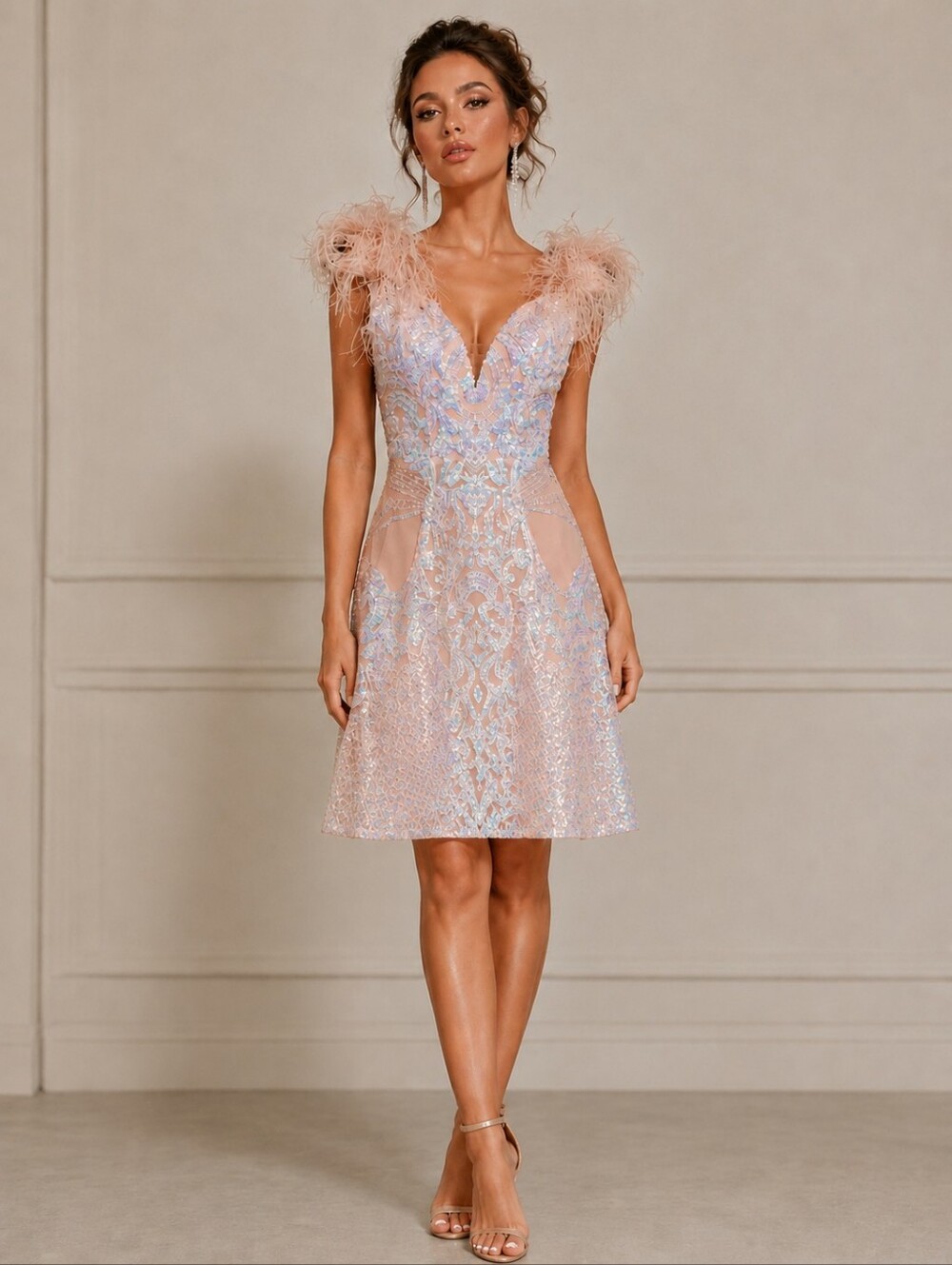 Iridescent Blue and Pink Feathered Dress Cocktail Homecoming Pageant